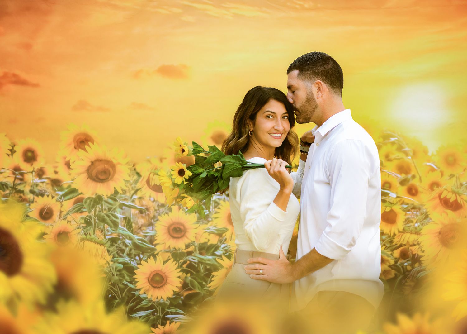 A romantic couple embraces in a dreamy sunflower field during golden sunset.