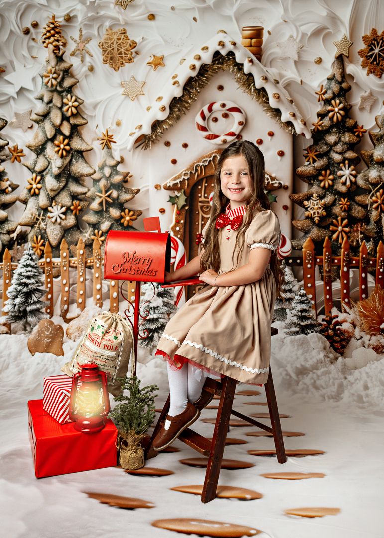 Girl in tan dress holds red Merry Christmas mailbox in festive gingerbread house holiday photo backdrop.
