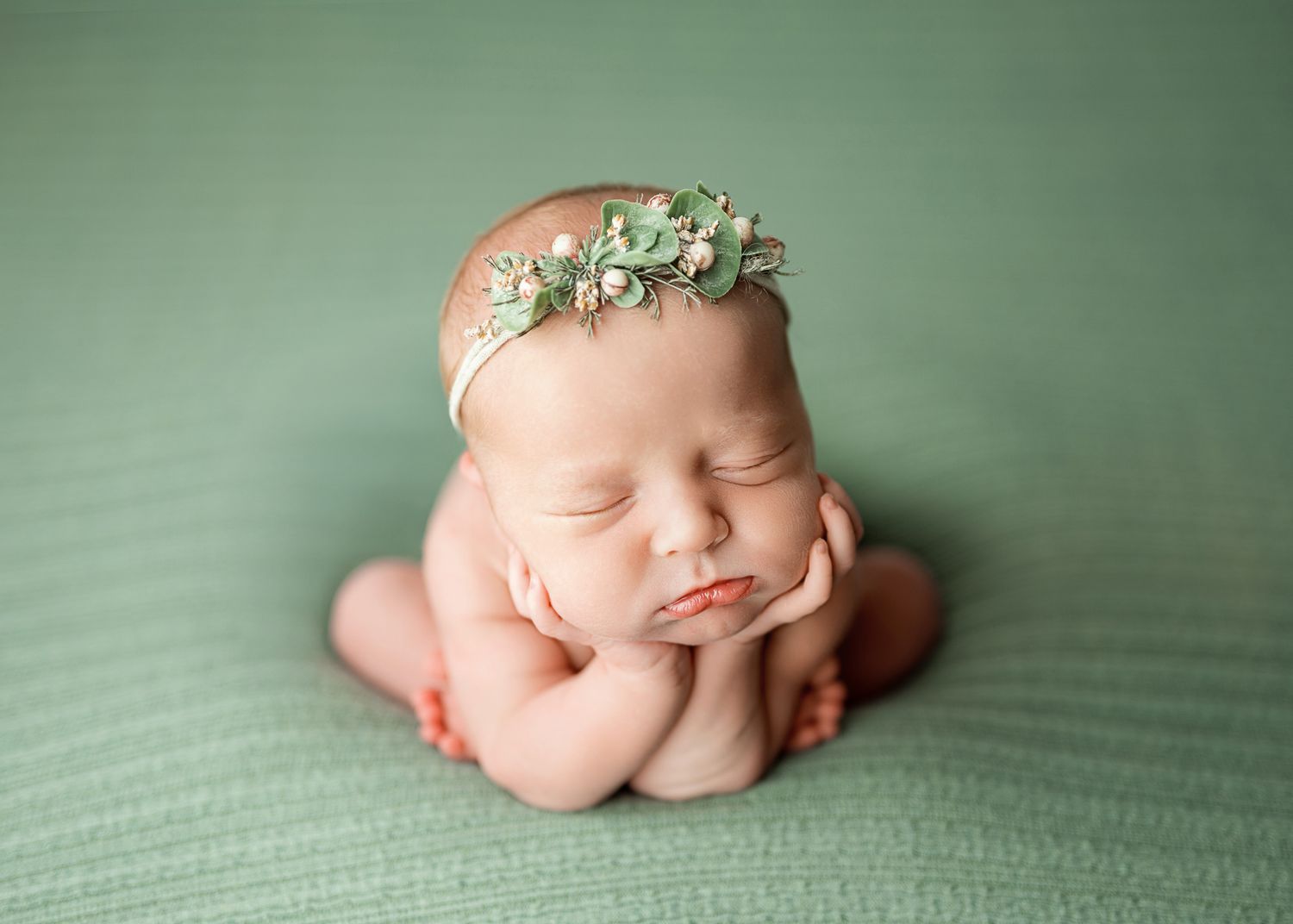 Sleeping newborn in froggy pose wearing delicate floral headband on mint green backdrop.