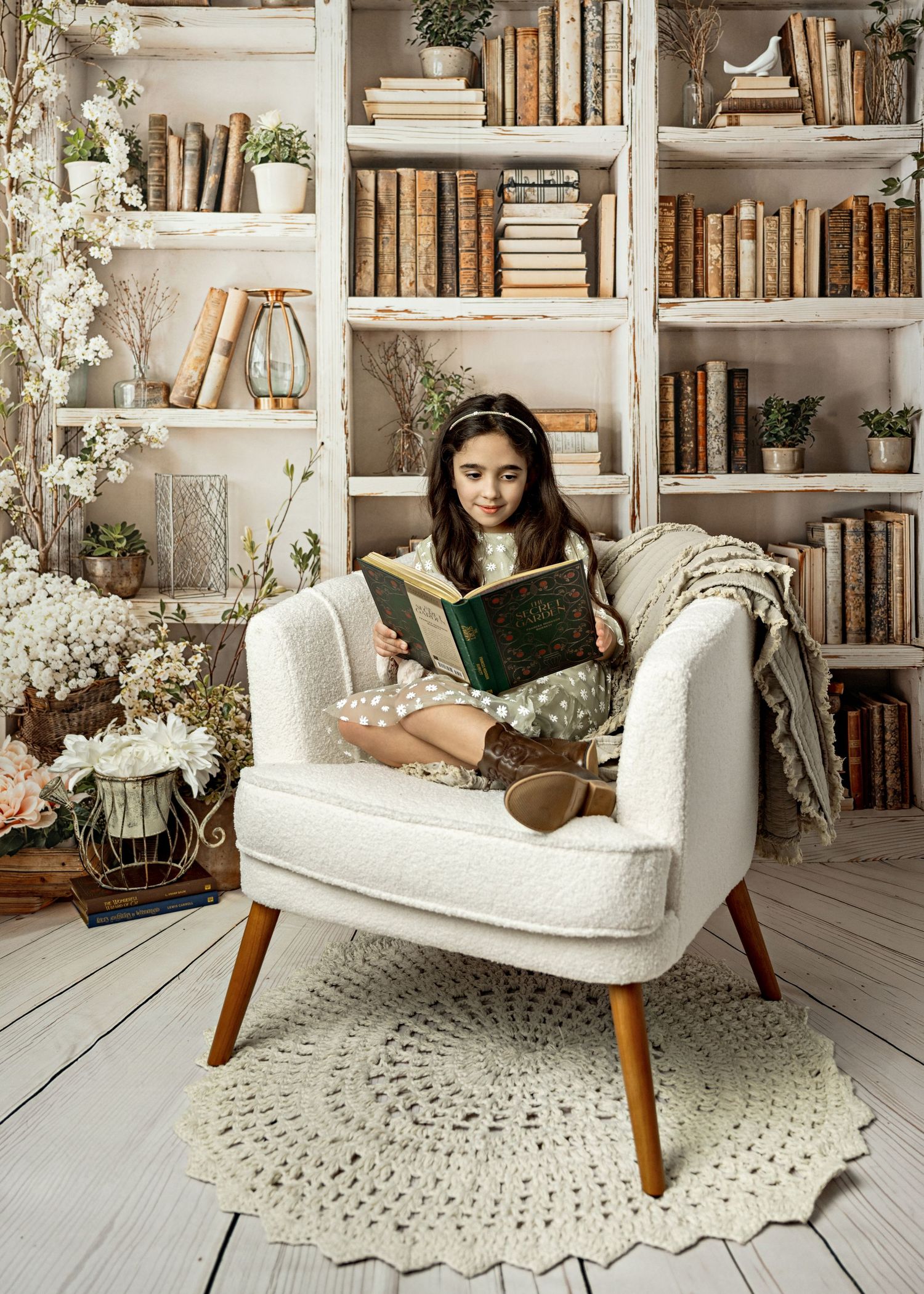 Cozy reading nook with vintage books on white shelves, cream armchair, and delicate white floral decor on a crocheted rug.