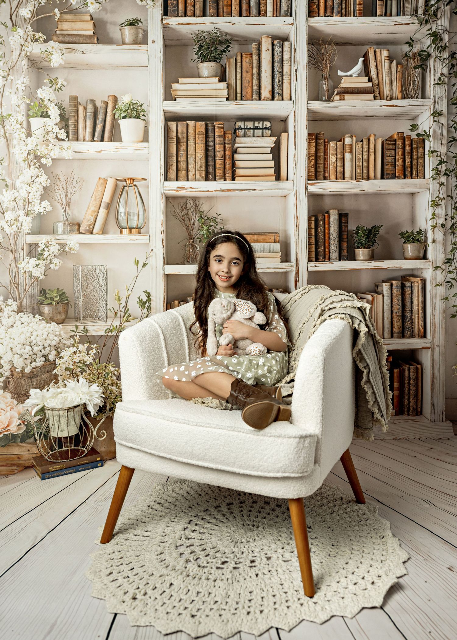 Cozy reading nook with white armchair, built-in bookshelves, vintage books, and decorative white floral accents on white flooring.