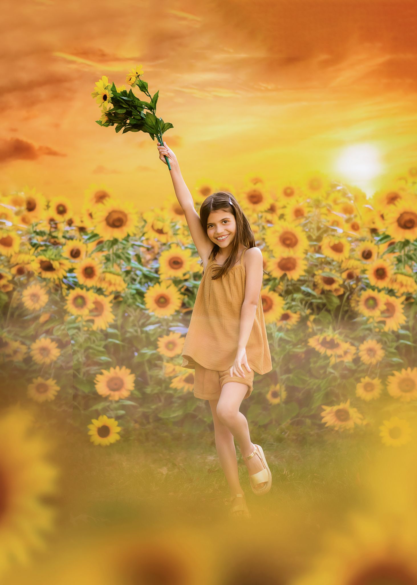 A person in casual attire poses joyfully in a sunflower field during golden hour sunset.
