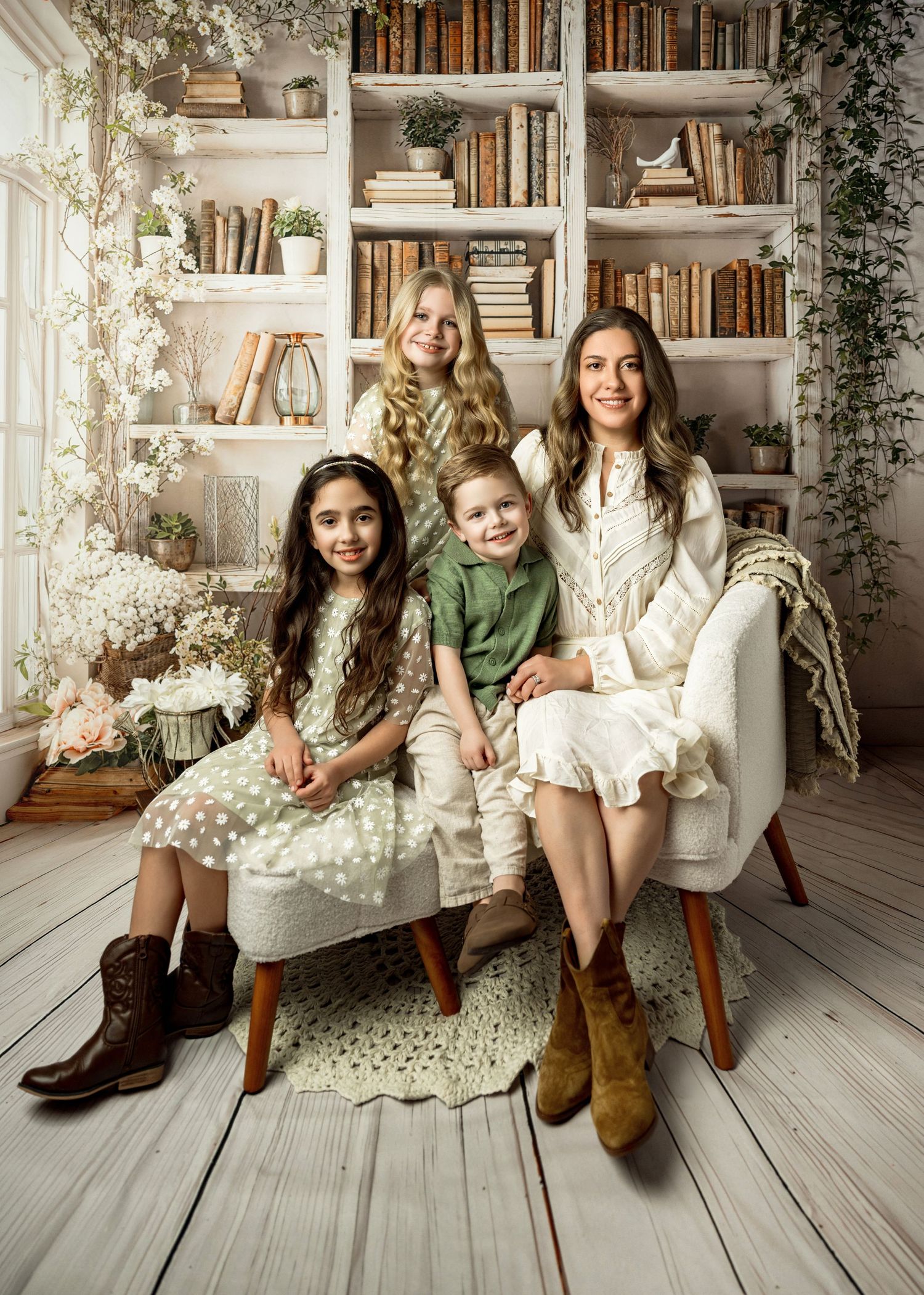 A group sits together on a white wooden floor against built-in bookshelves decorated with floral arrangements.