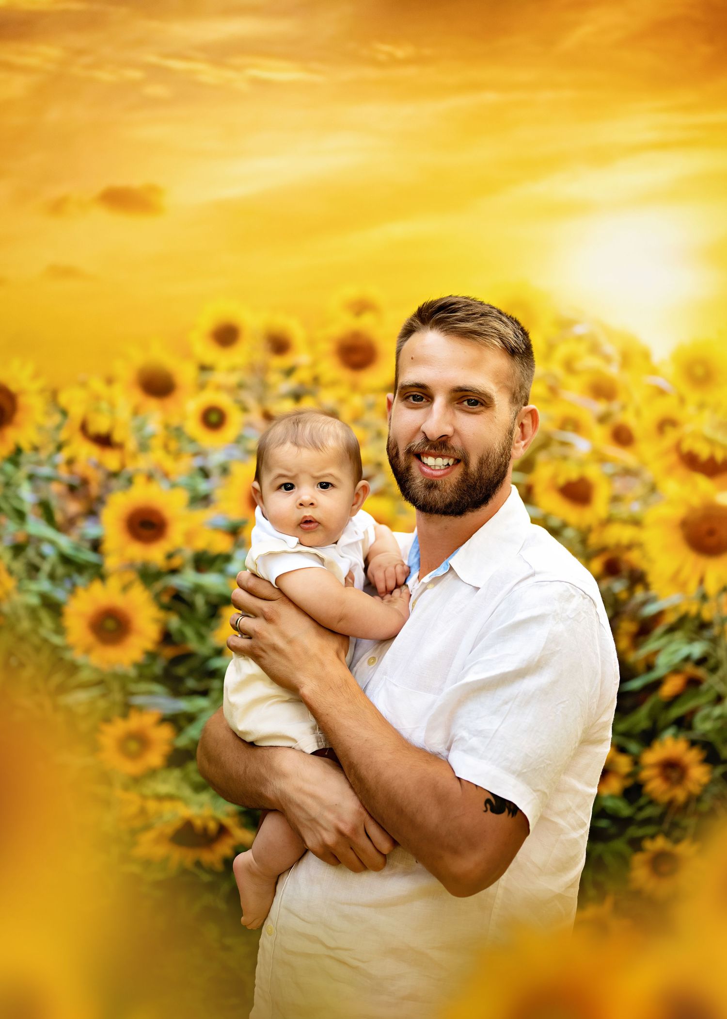 A golden sunflower field glows at sunset, creating a warm summery backdrop beneath the vibrant orange sky.