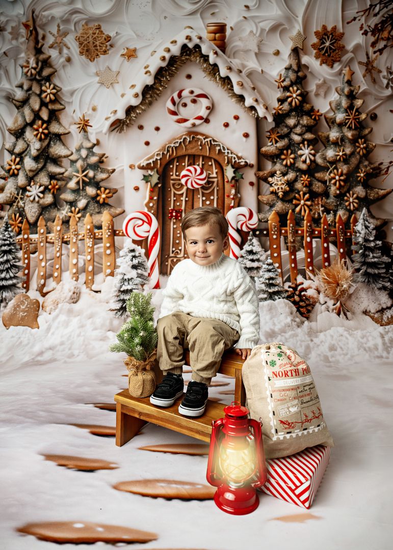 Toddler boy in white sweater sits on wooden sled before festive gingerbread house backdrop with candy canes and snow.