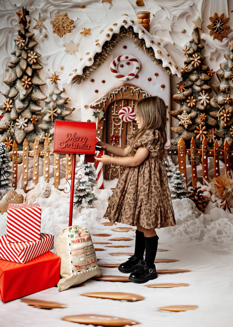 Young girl in brown dress mailing letter at red Christmas mailbox beside gingerbread house holiday backdrop.