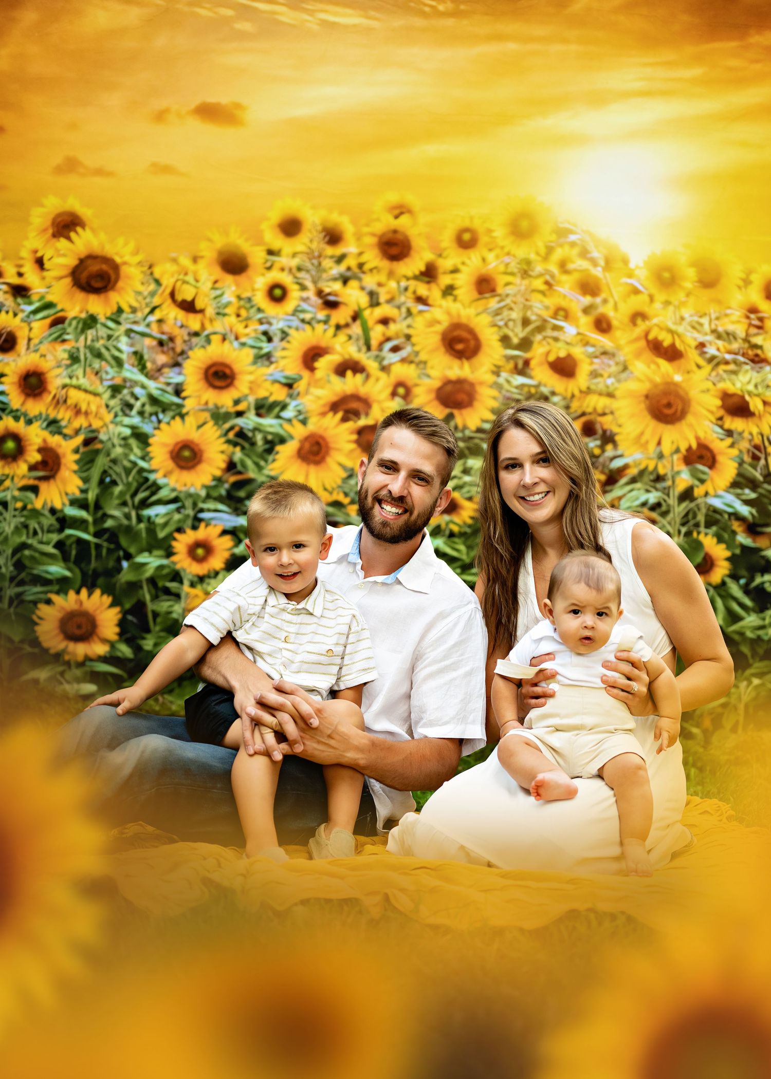 A family sits together in a vibrant sunflower field at golden sunset, creating a warm and joyful summer portrait.