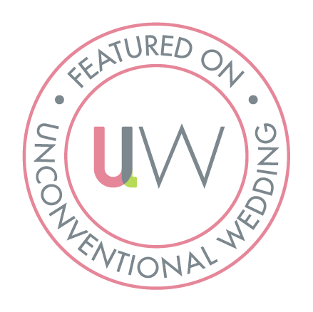 Featured on Unconventional Wedding badge, a circular pink and gray logo seal for wedding inspiration.