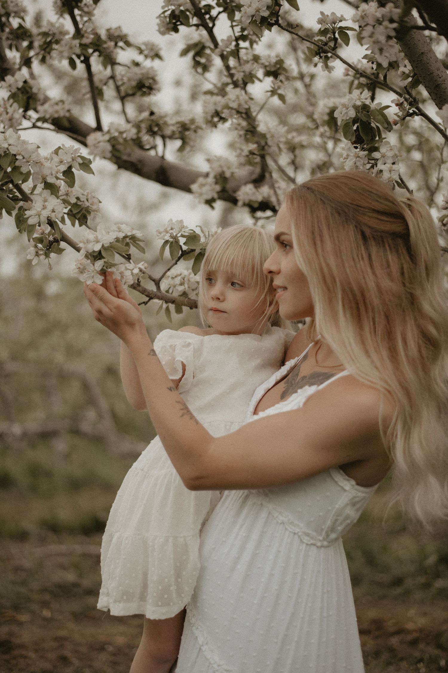 Heartwarming mother-daughter photography in a blooming orchard, capturing love, laughter, and the beauty of springtime flowers on the trees.