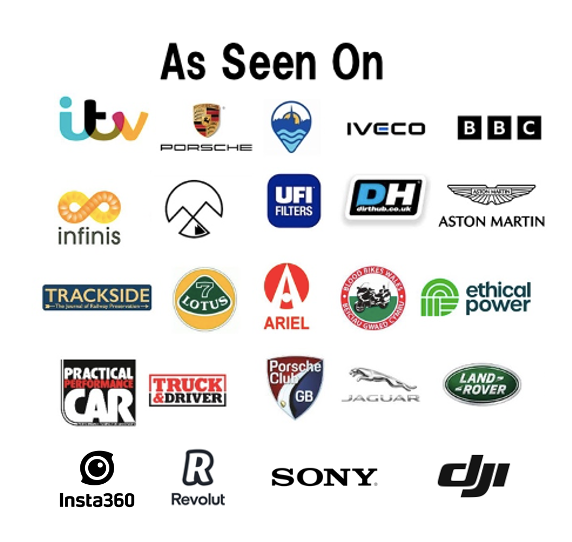 Collection of brand logos including ITV, Porsche, Aston Martin, Lotus, Sony, DJI and other automotive and tech companies.