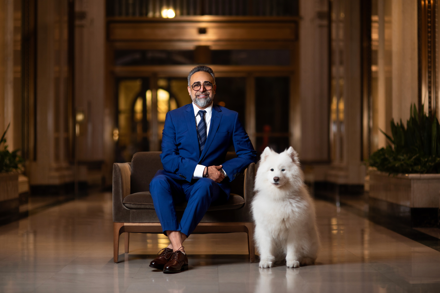 A white Japanese Spitz dog poses elegantly in a grand hallway with ornate architecture and warm lighting.