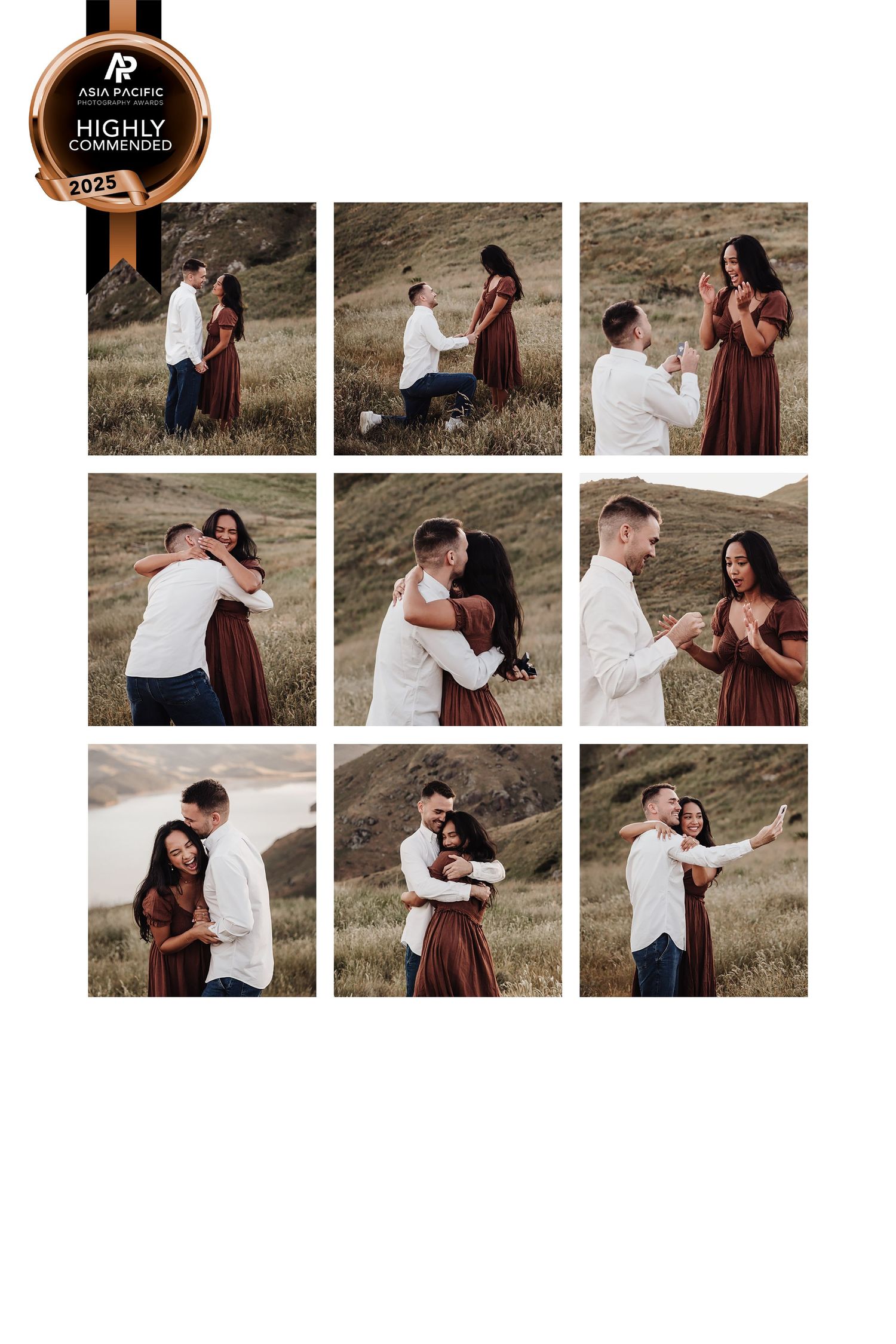 A romantic field proposal photo collage showing a couple's engagement moment captured in nine sequential images at sunset.