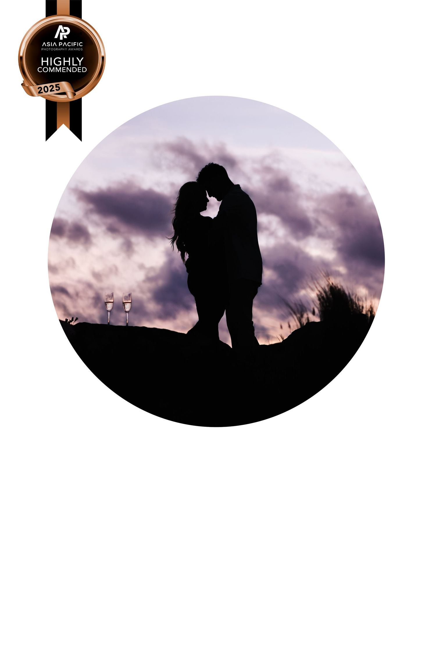 Romantic silhouette portraits of couples against dramatic sunset skies.