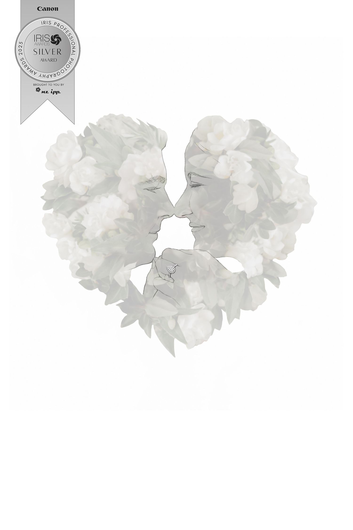 Delicate white carnation flowers arranged in a repetitive pattern against a light background.