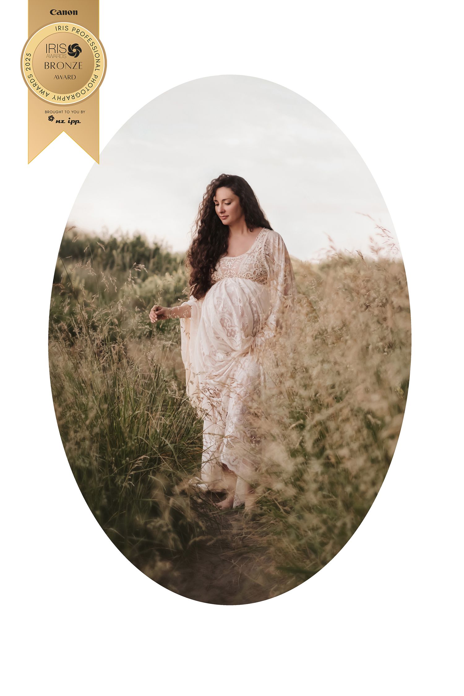 A dreamy figure in a flowing white dress moves gracefully through a golden meadow at sunset.