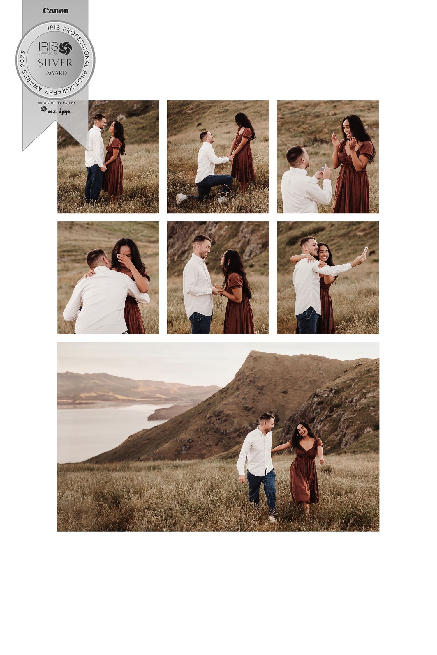 Romantic engagement photo series showing couple's special moments against scenic coastal cliff backdrop.