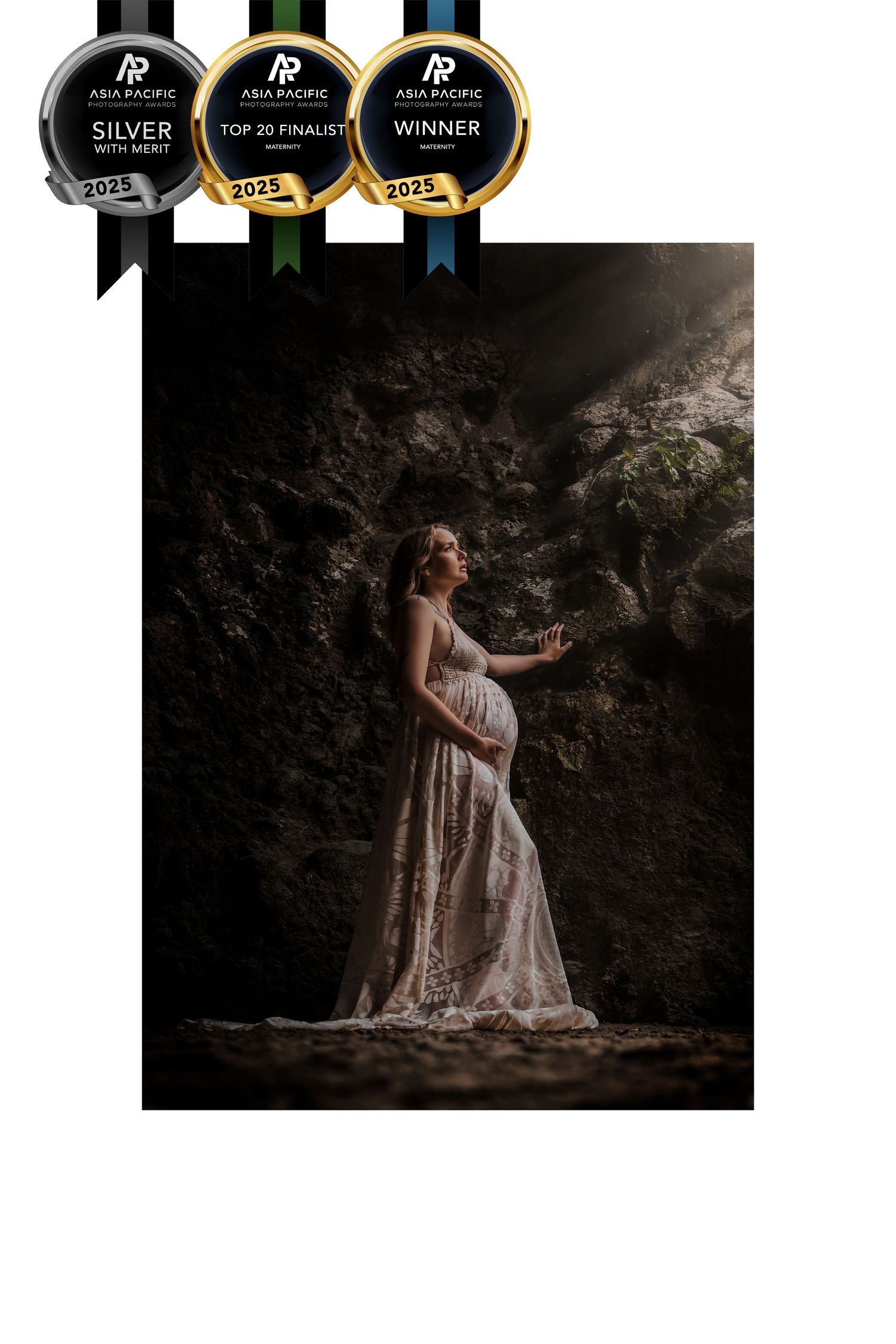 Artistic portrait series showing a figure in white lace dress against dark moody backdrop in natural setting.