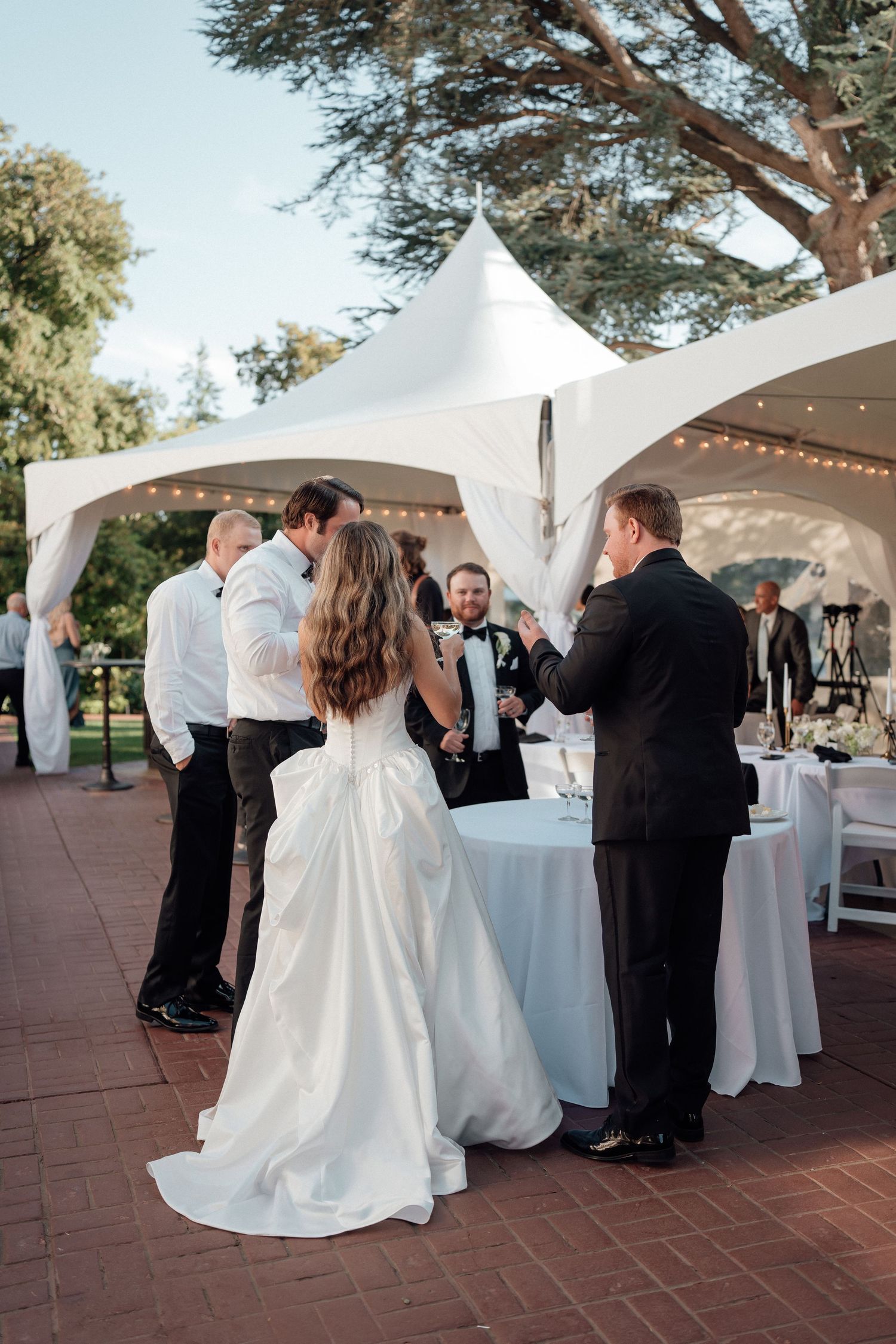 Wedding guests mingling under a white tent during an outdoor reception.