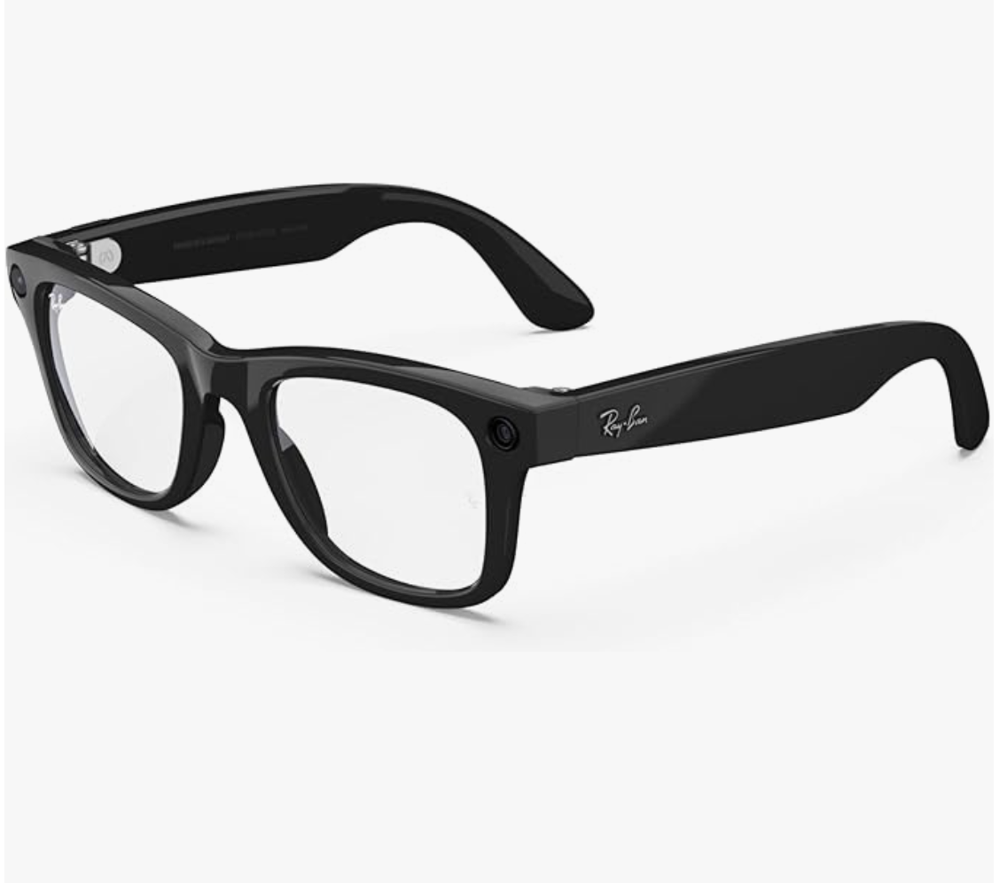 A close-up view of black Ray-Ban sunglasses frame parts showing different components and angles.