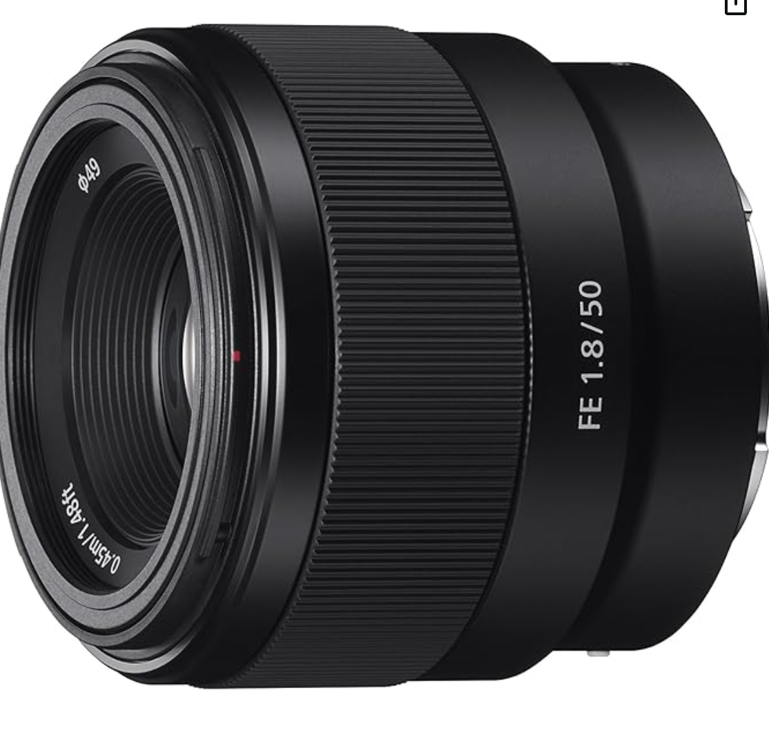 Sony FE 50mm f/1.8 prime lens for mirrorless cameras shown against white background.