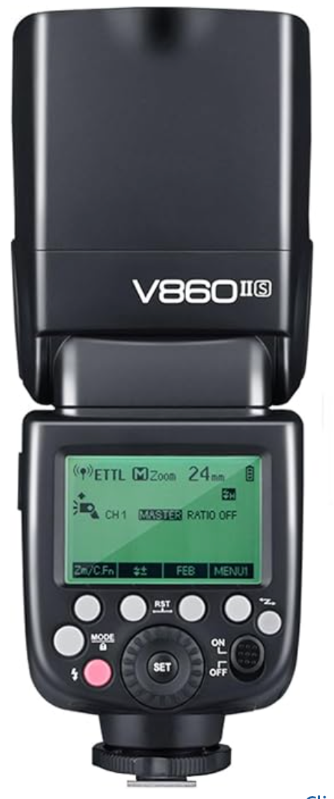 Multiple views of a black Godox V860 II S camera flash showing its LCD control panel and interface buttons.