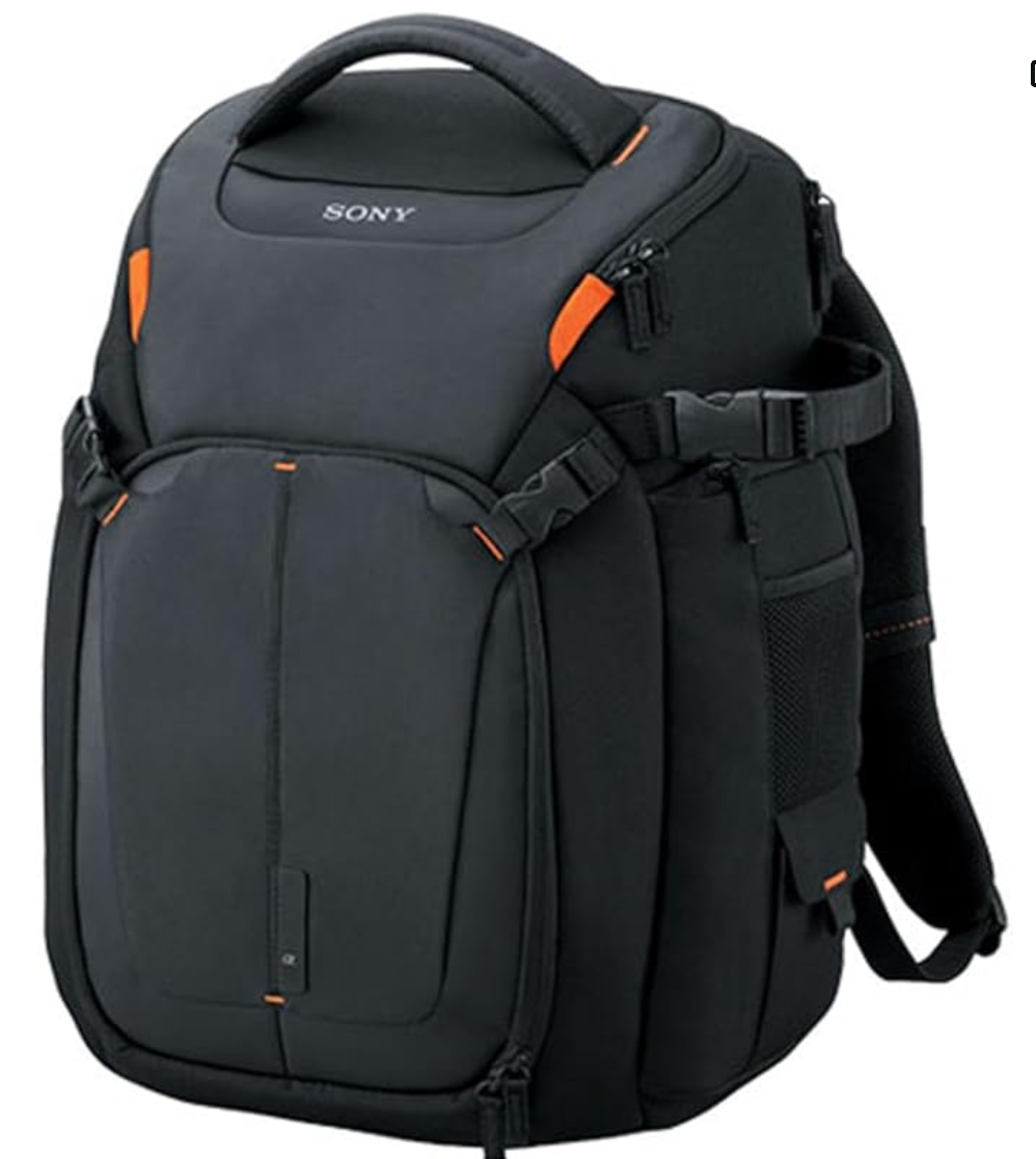 Black Sony camera bag with orange accents shown from multiple angles with padded compartments and shoulder strap.