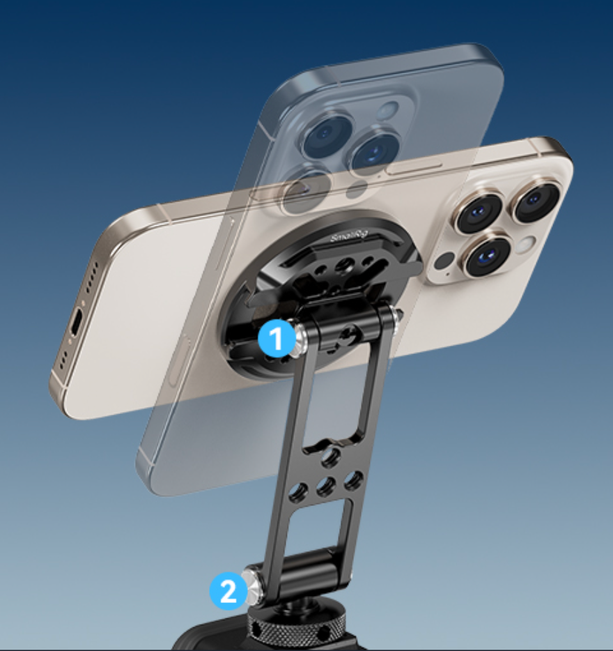 MagSafe magnetic phone mount showing detachable mechanism and dual camera system compatibility with iPhone design.