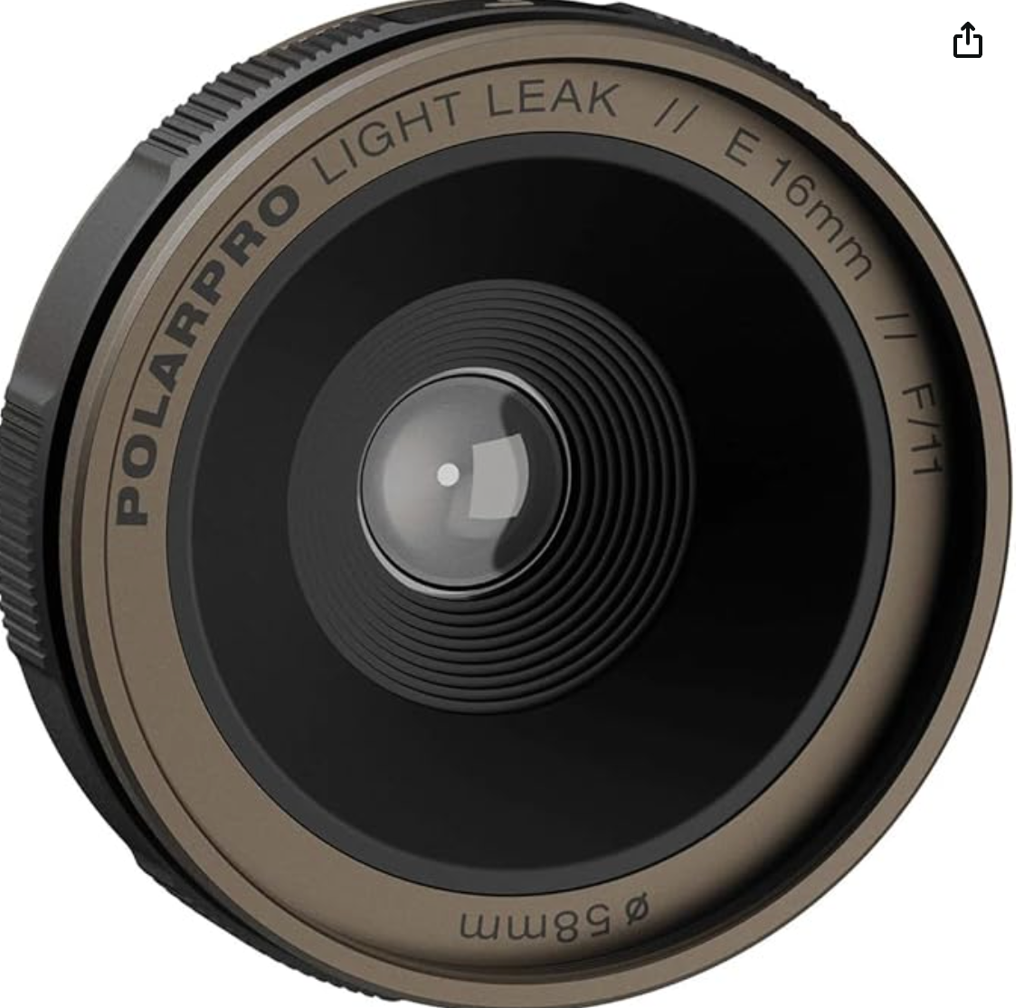A vintage brown camera lens with Light Leak II E 18mm branding and concentric circular design elements.