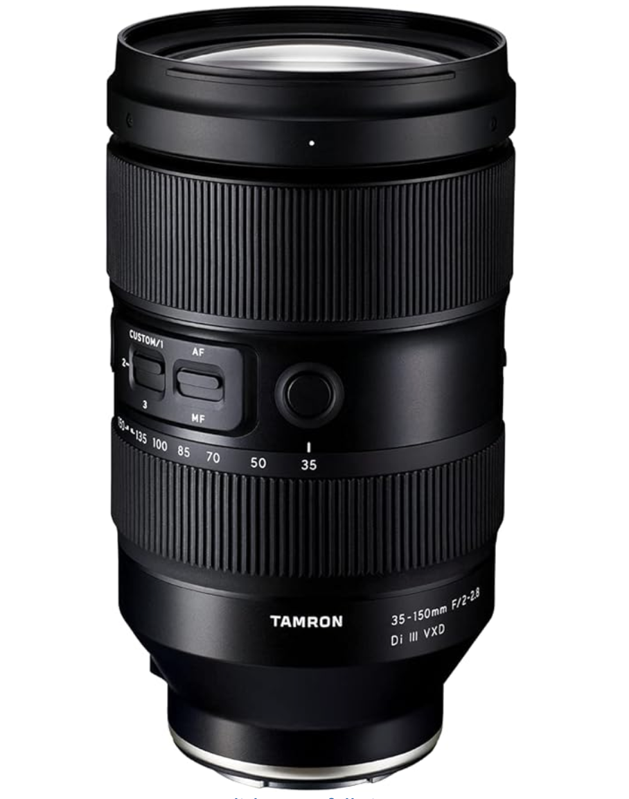 A black Tamron 35-150mm F/2-2.8 Di III VXD camera lens with ribbed grip texture and focus controls displayed on white background.