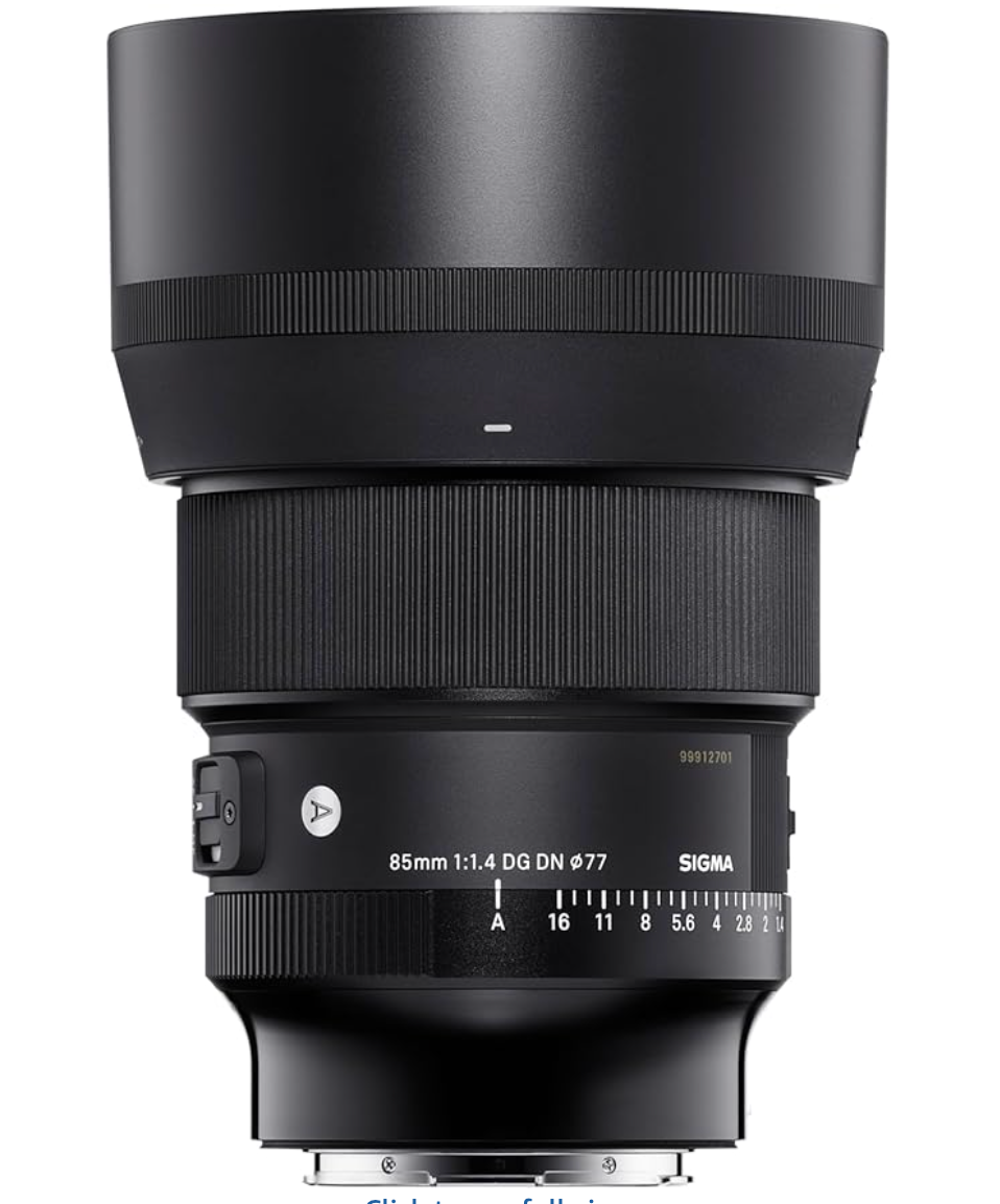 Black camera lens for Sigma 85mm F1.4 DG DN Art prime lens shown at different viewing angles.