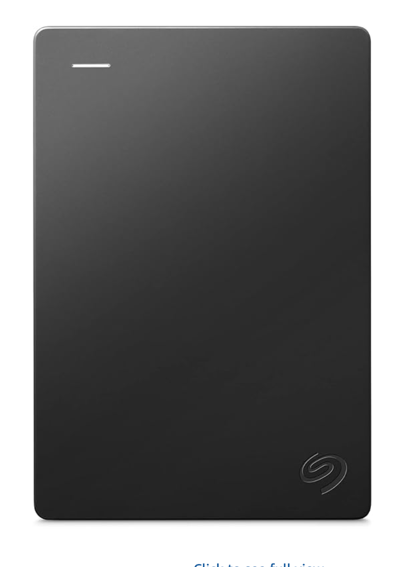 A sleek black Seagate portable external hard drive with minimalist design against a white background.