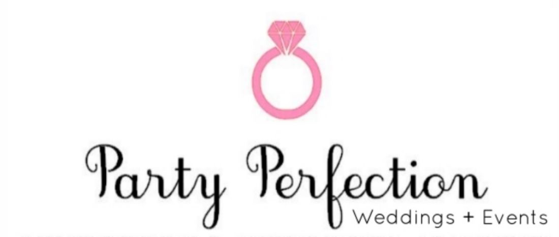 Pink and white wedding and events company logo design featuring elegant typography and ring icon.
