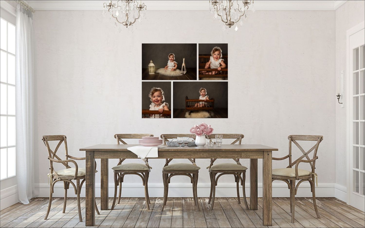 Dining room interior with rustic wooden table, cross-back chairs, and four framed portrait photos displayed on light gray wall.