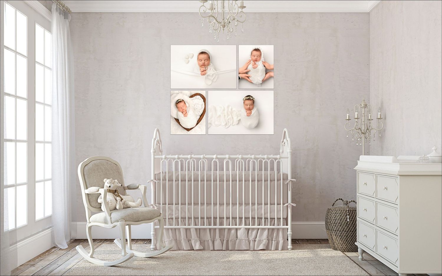 A serene nursery with a white crib, rocking chair, framed photos above, and a classic neutral color scheme.