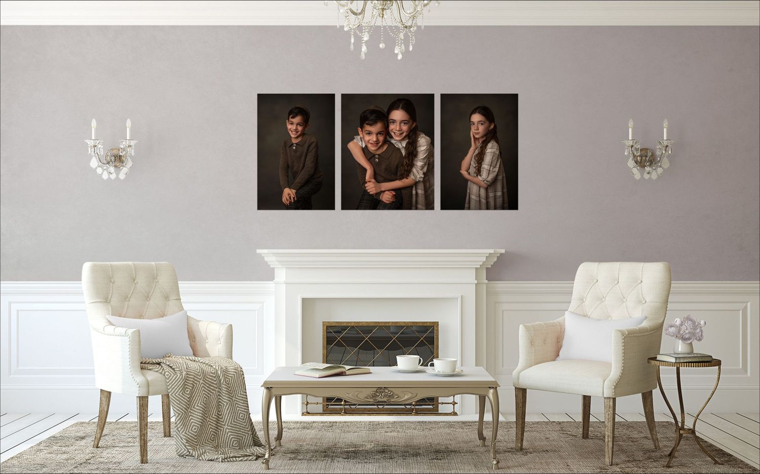 Elegant living room interior with three framed portraits above white fireplace and two cream tufted armchairs.