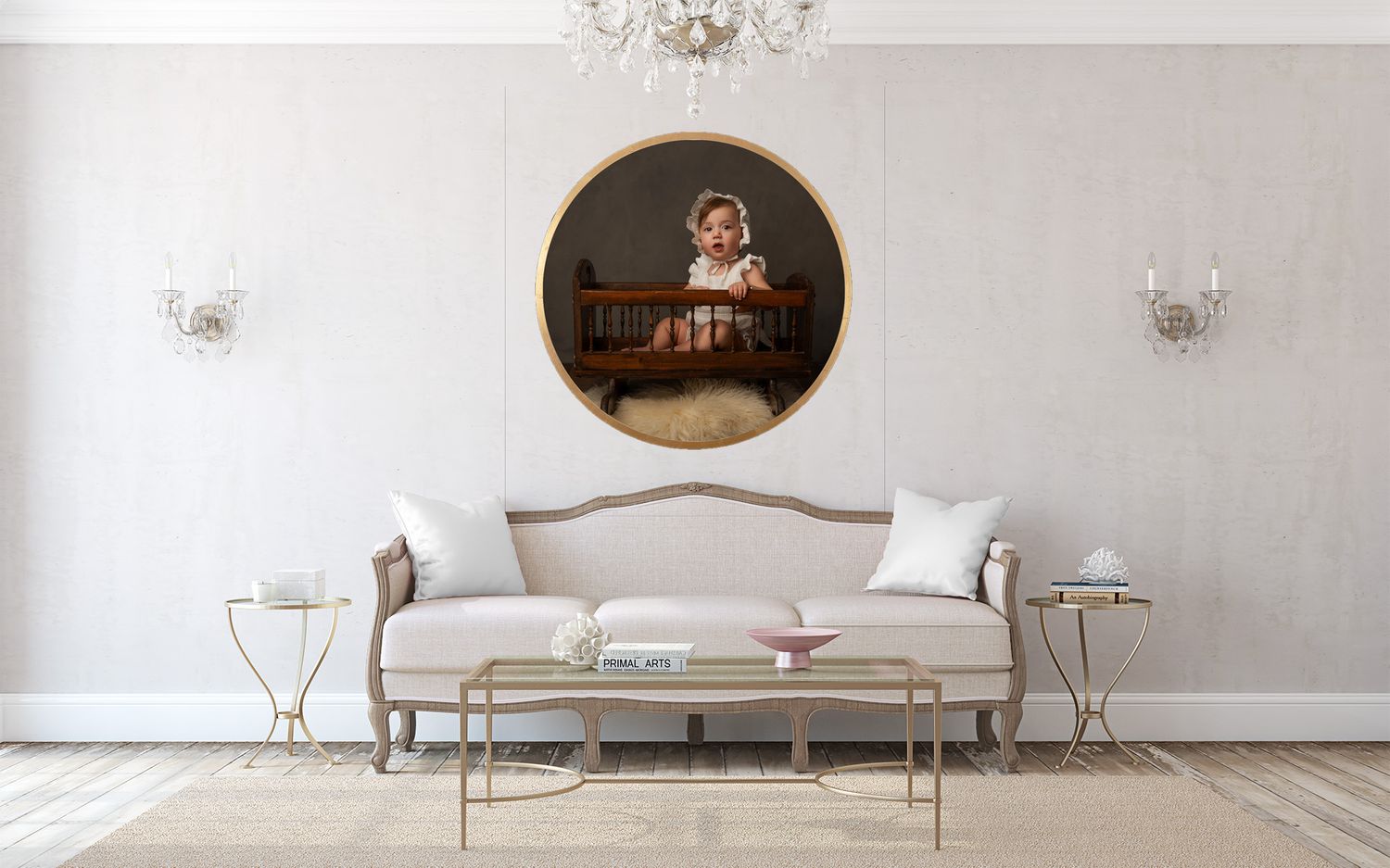 Crystal chandelier centerpiece hangs elegantly above a modern sofa in a minimalist white living room.
