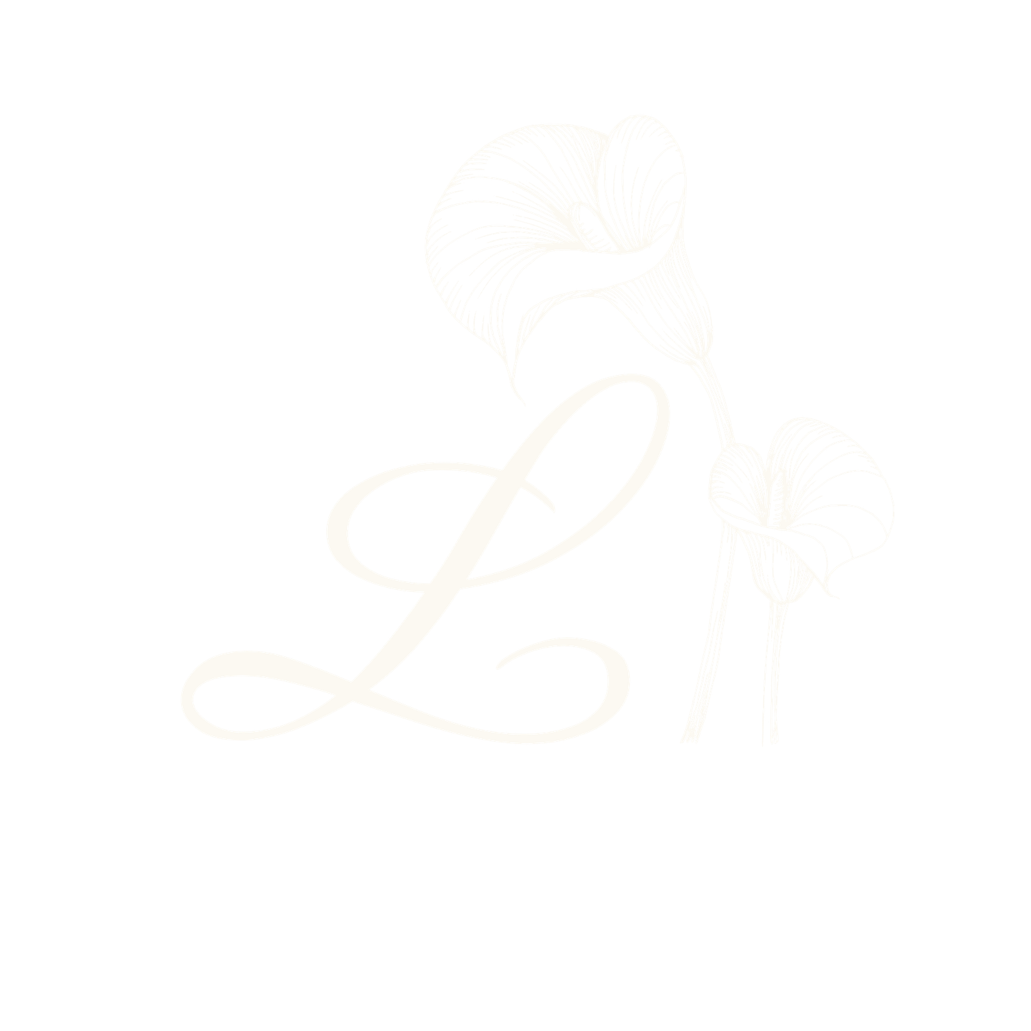 Elegant cursive letter L monogram logo with decorative floral elements in soft cream tones.