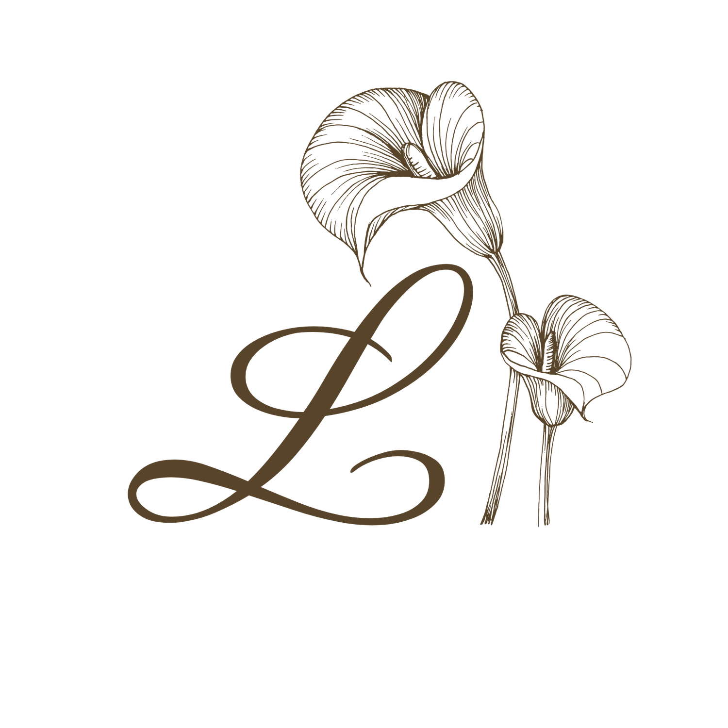 Elegant script letter L logo design with delicate calla lily botanical illustrations in brown ink.