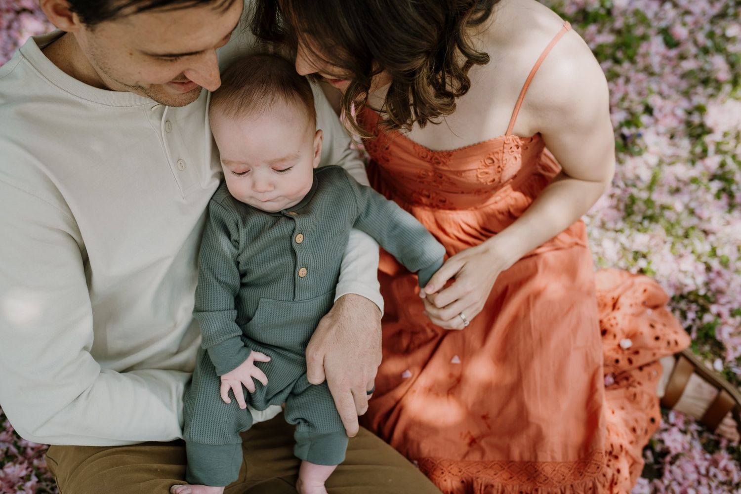 Family snuggles baby under dogwood tree in Sequoya Hills Park