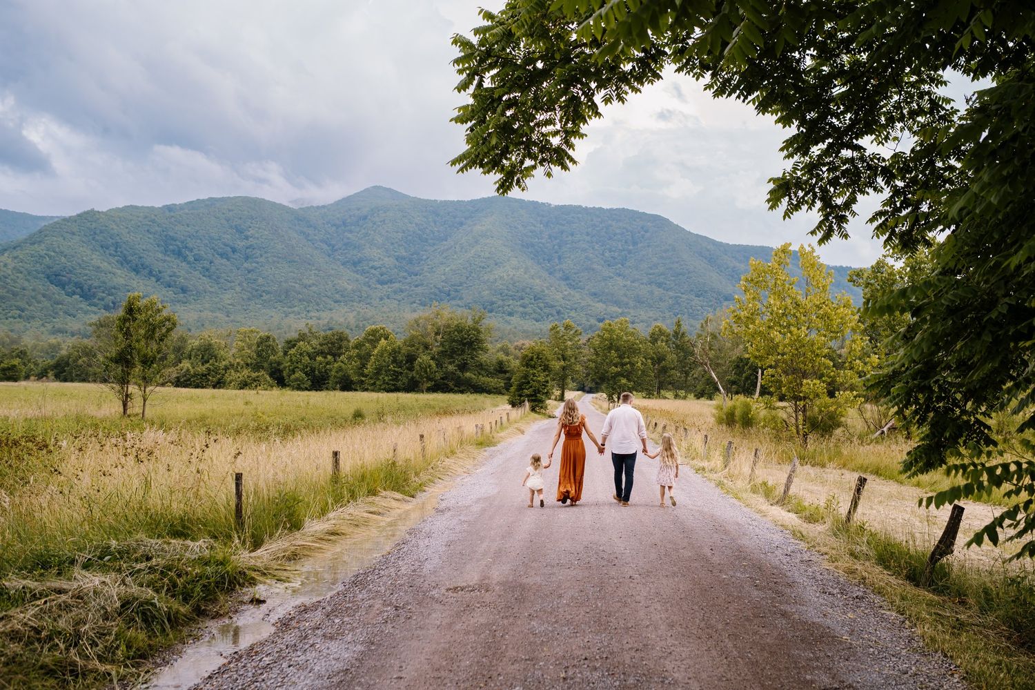 Family walking towards the great smoky mountains during visit to Cades Cove