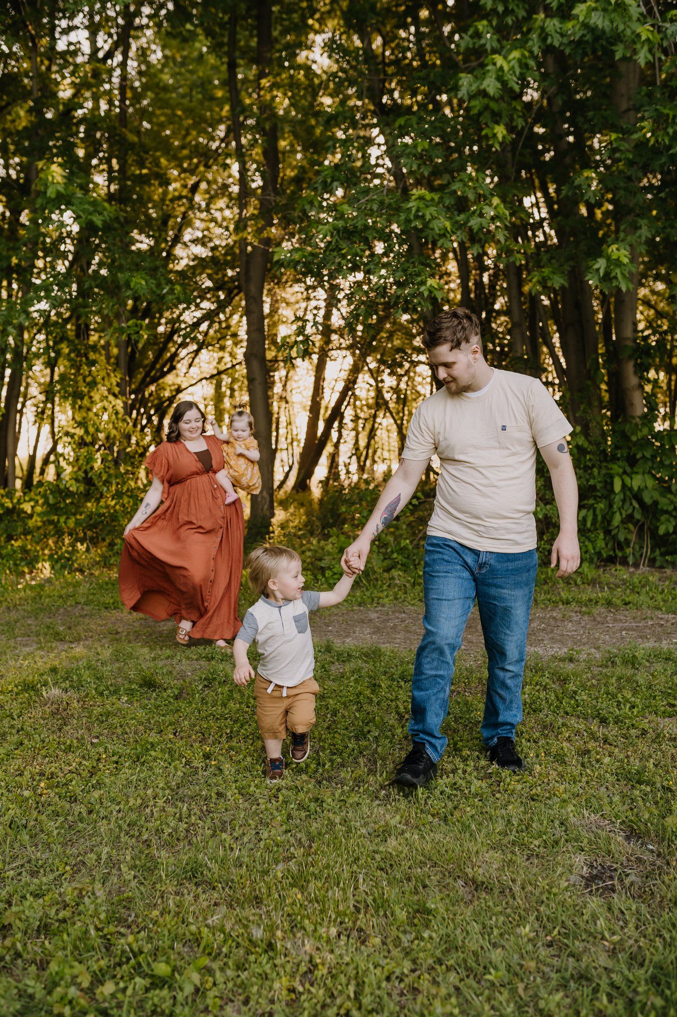 Family plays in park