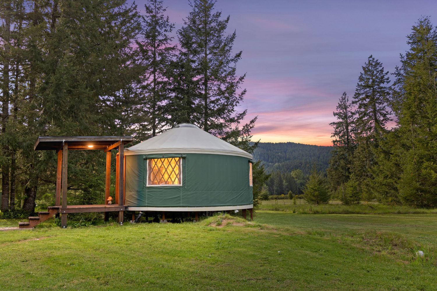 Airbnb in the mountains of lewis county Washington with sun setting