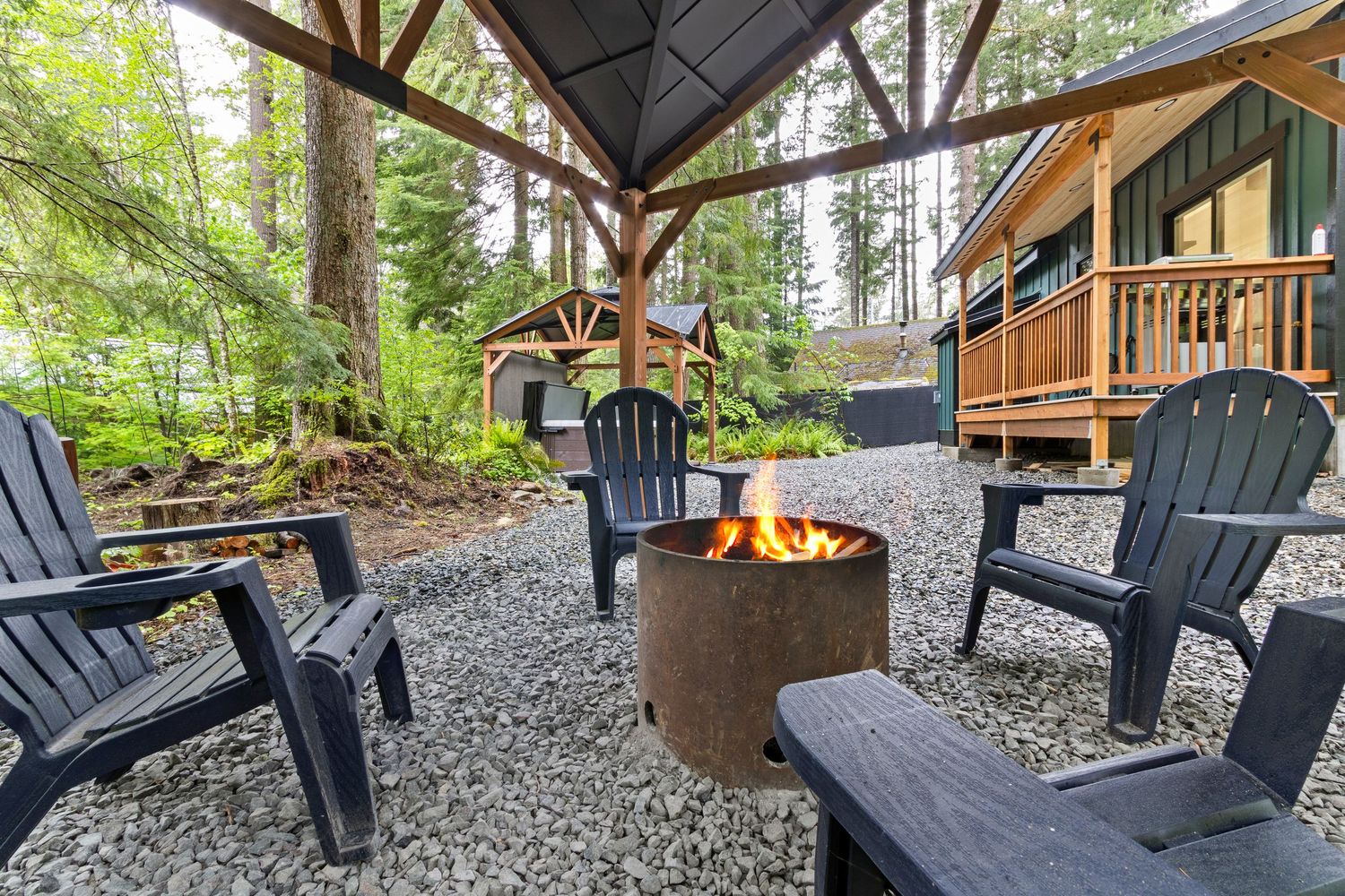 View of a bonfire in the backyard of an Airbnb in Lewis County Washington