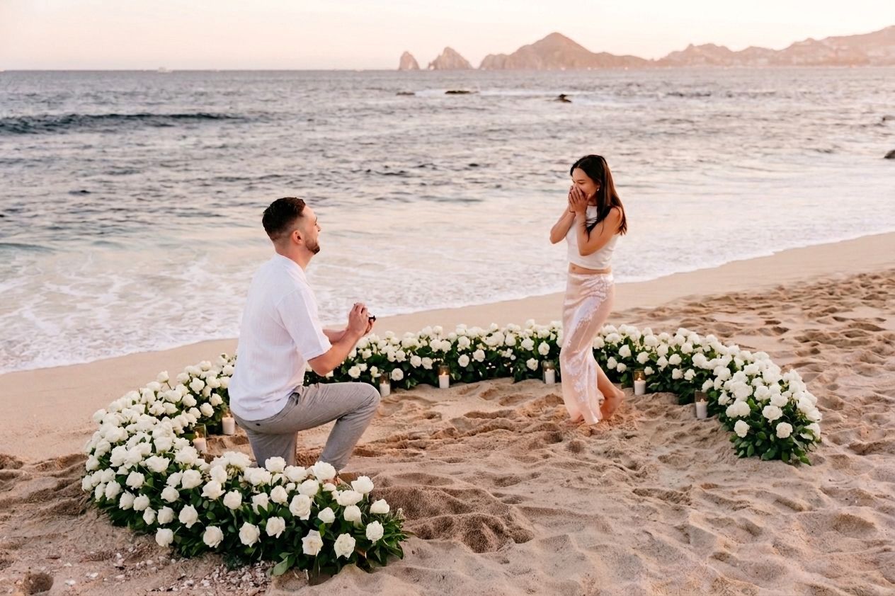 Man proposes to woman on sandy beach at sunset surrounded by white roses arranged in a heart shape.