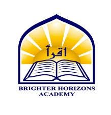 Logo for Brighter Horizons Academy featuring an open book with Arabic text and radiating sunburst in blue and gold.