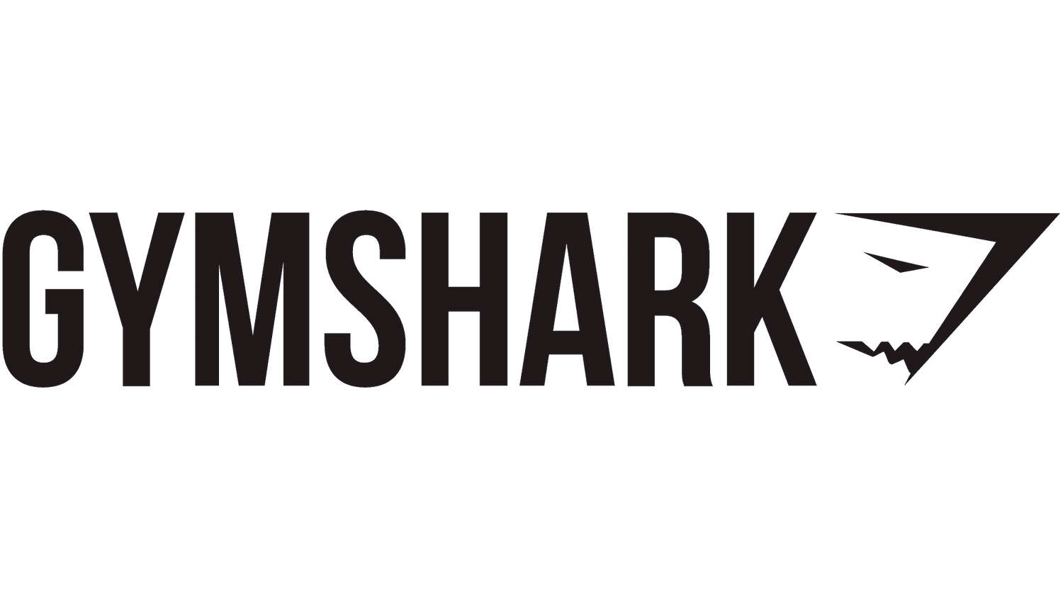 Gymshark logo in black text with shark fin symbol on white background.
