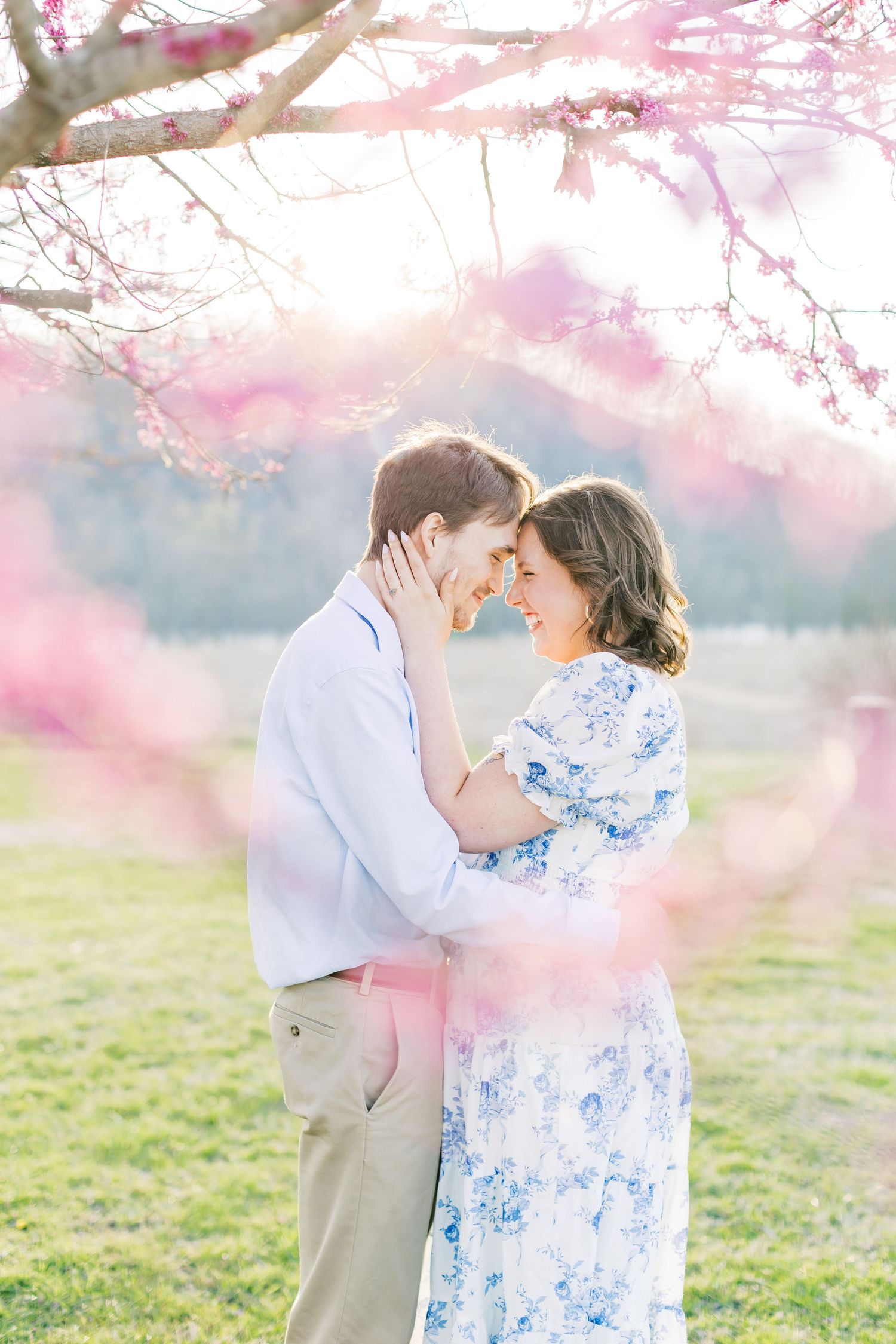 Couple embracing under blooming pink cherry blossom trees during a romantic spring engagement photo session.