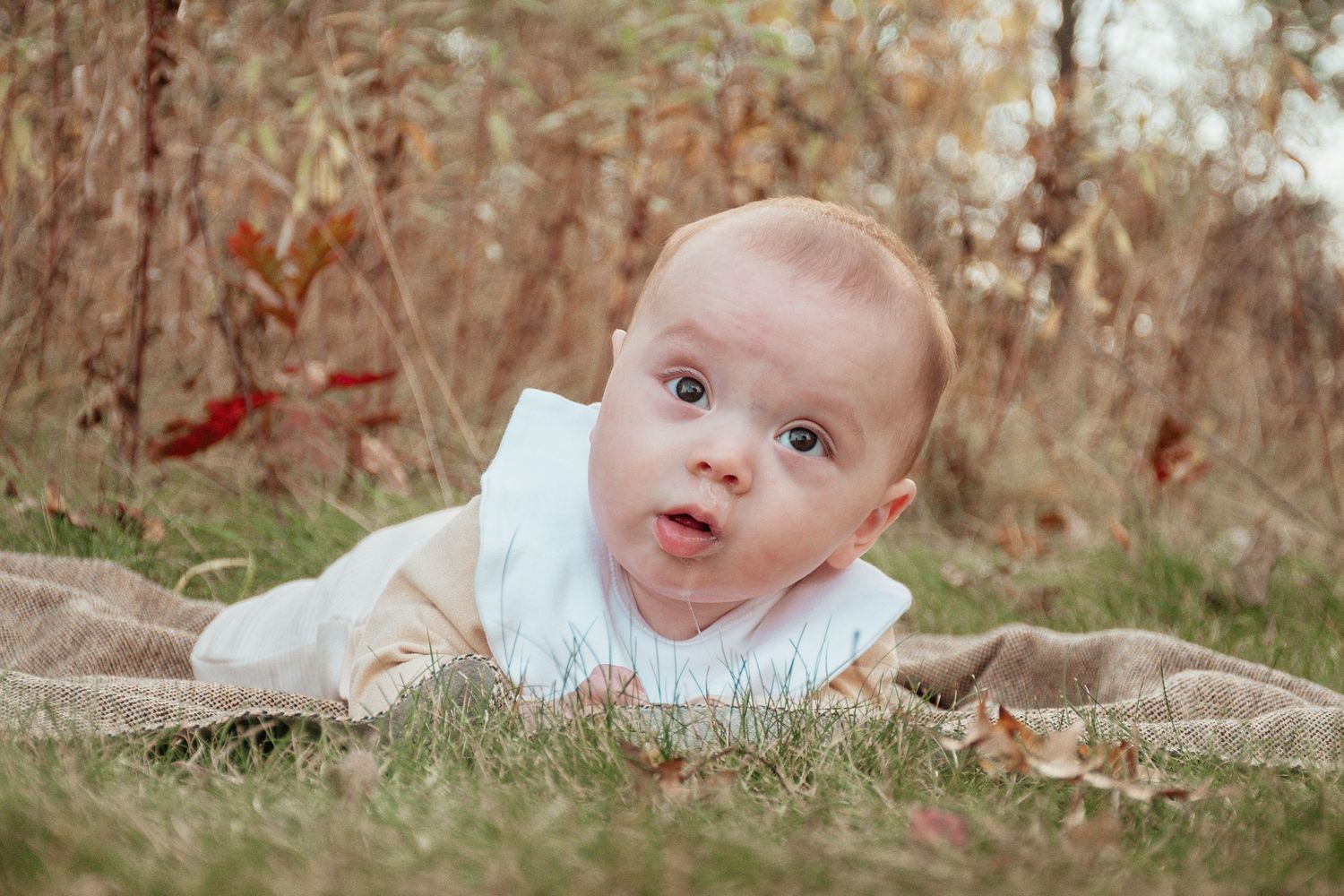 A small baby in white clothing laying on a blanket in the grass during autumn.