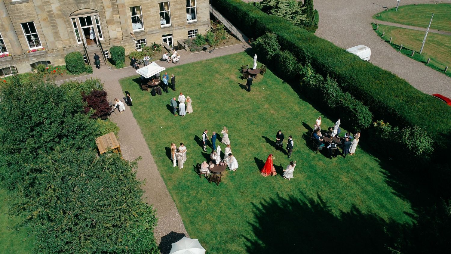 Drone shot of San and Nayan's India - Scottish wedding in Balbirnie House Glenrothes