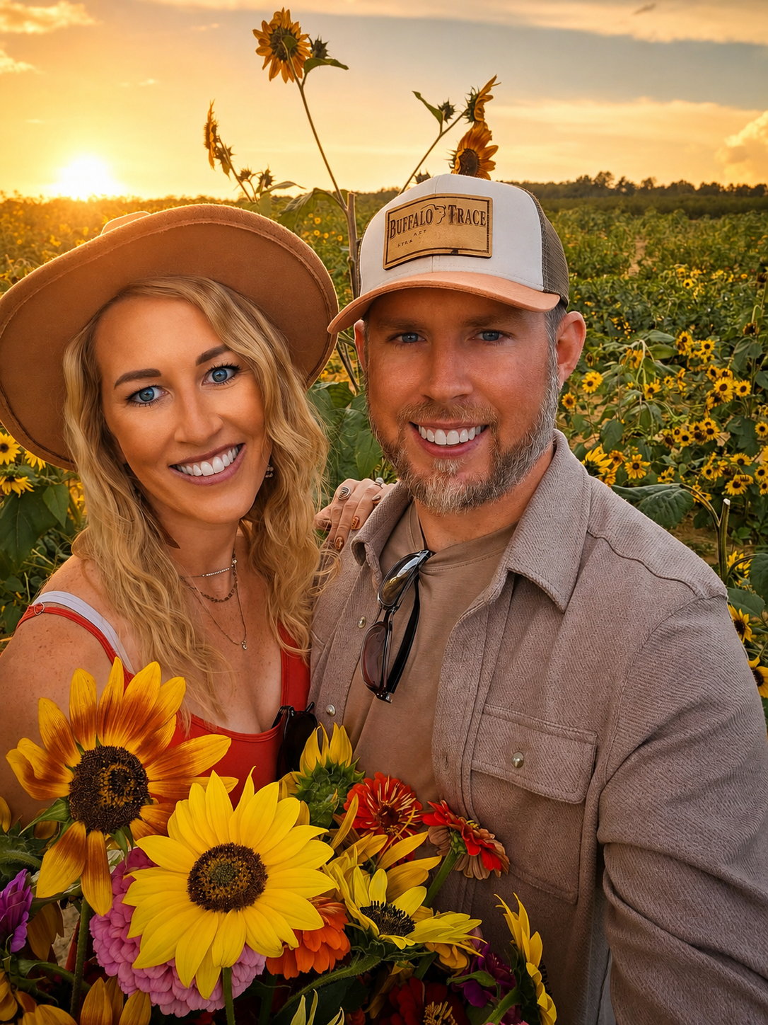 Couples portrait picking flowers at Huber’s Farm, surrounded by colorful blooms.